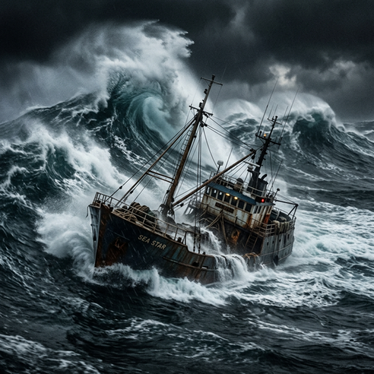 Fishing boat named Sea Star facing huge stormy waves
