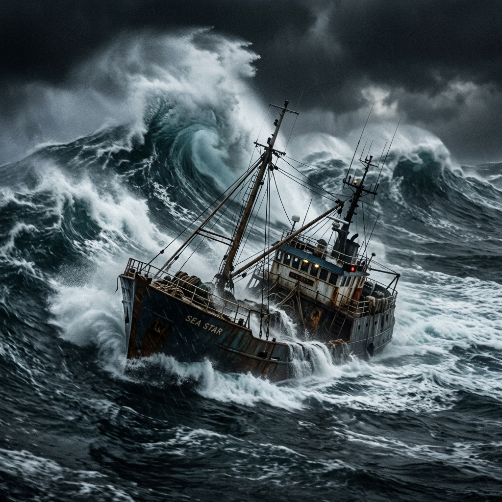 Fishing boat named Sea Star facing huge stormy waves