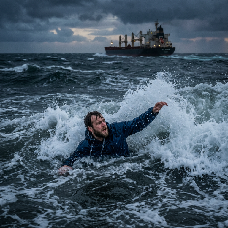 Man in blue jacket struggling in rough sea waves as cargo ship sails behind