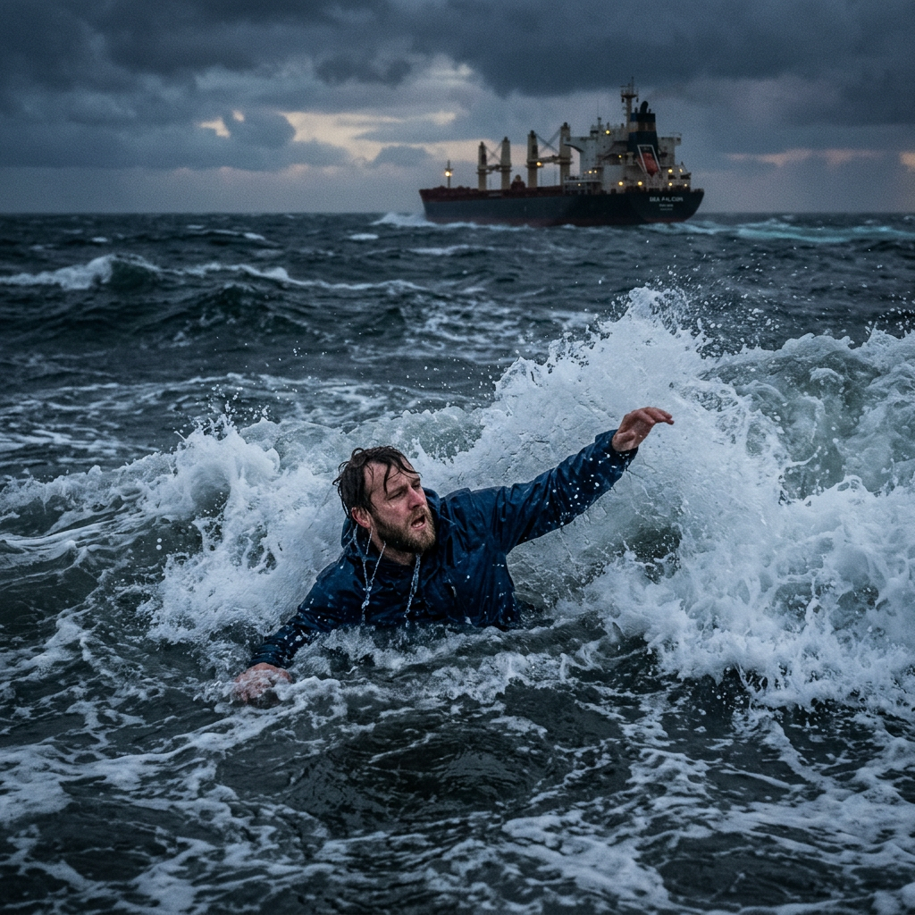 Man in blue jacket struggling in rough sea waves as cargo ship sails behind