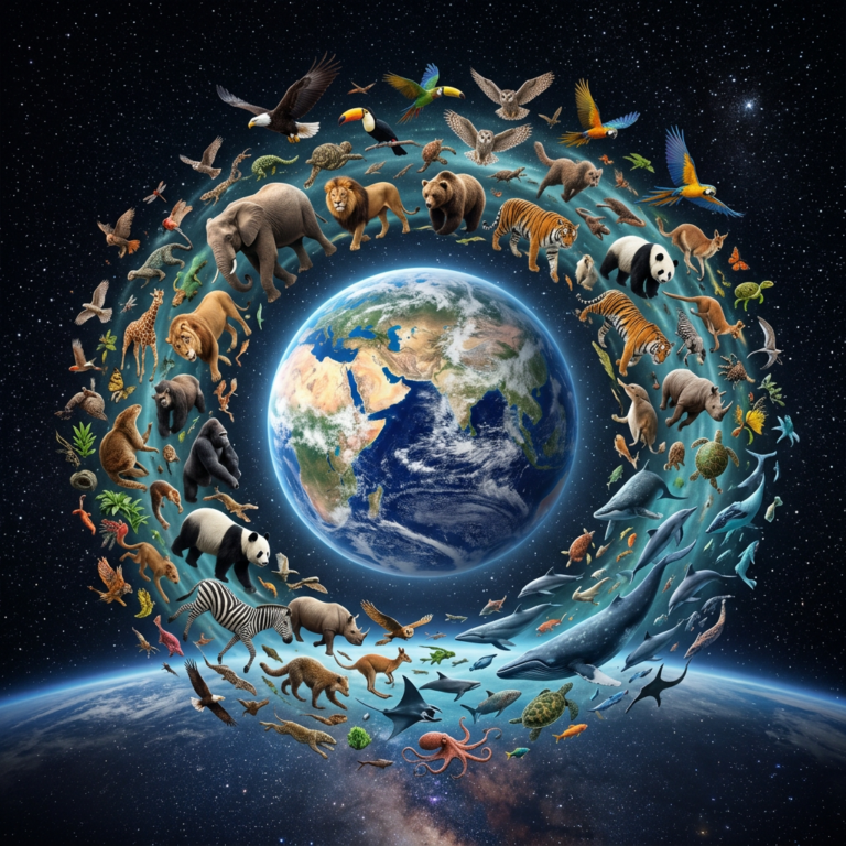 Illustration of Earth surrounded by diverse land, air, and marine animals in orbit