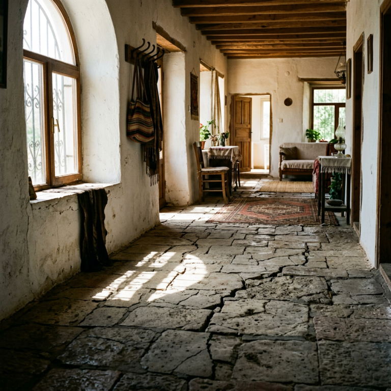 Interior corridor with cracked stone floor, wooden beams, arched window, and vintage furniture