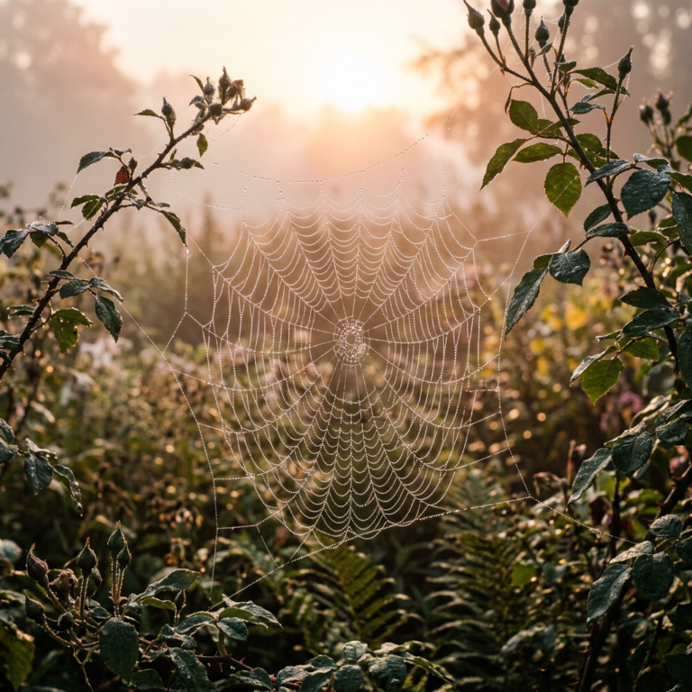 Spider web with dew drops stretched between green plants at sunrise